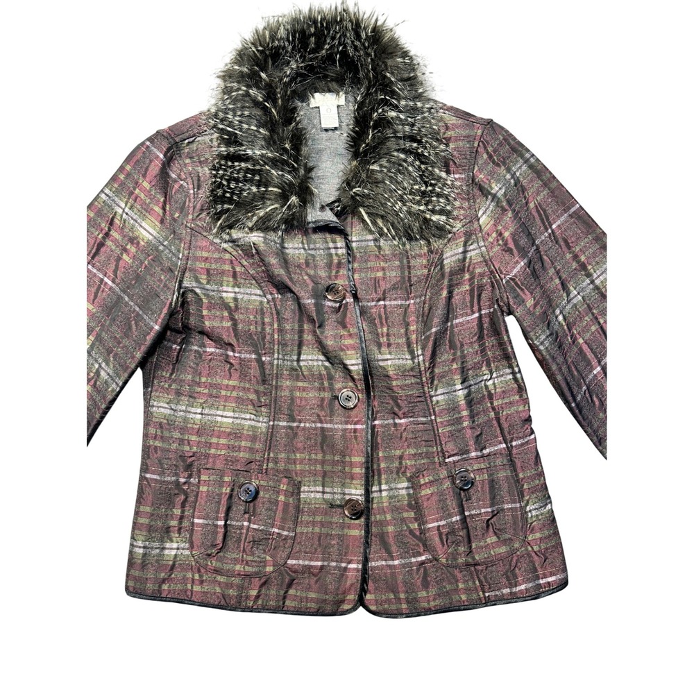 Chicos Plaid Faux Fur Collar Jacket Women's Size‎ 0 Burgundy Green Metallic